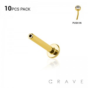 10PCS OF 316L SURGICAL STEEL GOLD PLATED 4MM FLAT DISK THREADLESS PUSH IN LABRET BAR